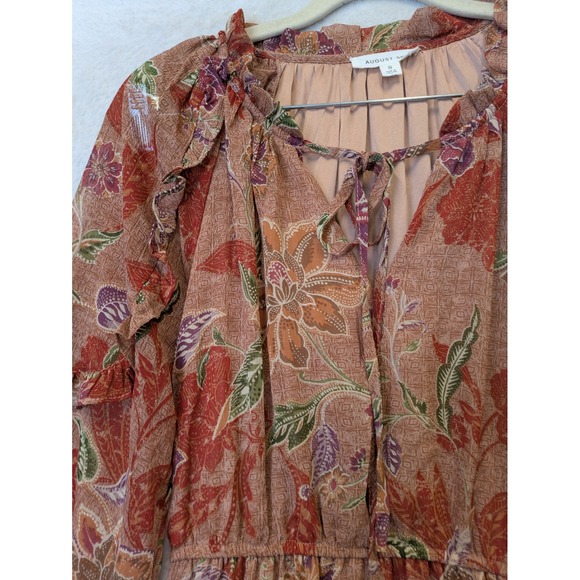 August Sky Women's Size S Floral Tiered Midi Dress Rust Orange Boho - Picture 5 of 10